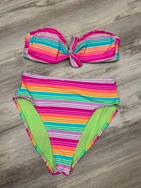 Retro Colorful Neon Stripe Bikini Set High Waisted Bandeau Knot Removable Straps